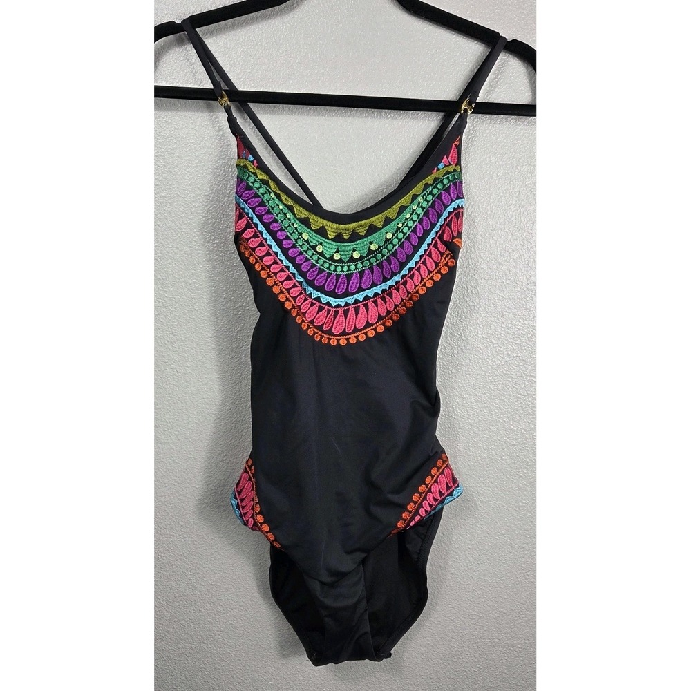 Trina Turk Embroidered One Piece Swimsuit Black Multicolor Strappy Back Size 10